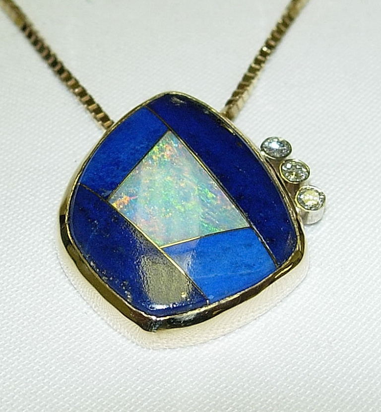 Custom 14K Gold Lapis, Opal, and Diamond Pendant – Goodheart's Jewelry